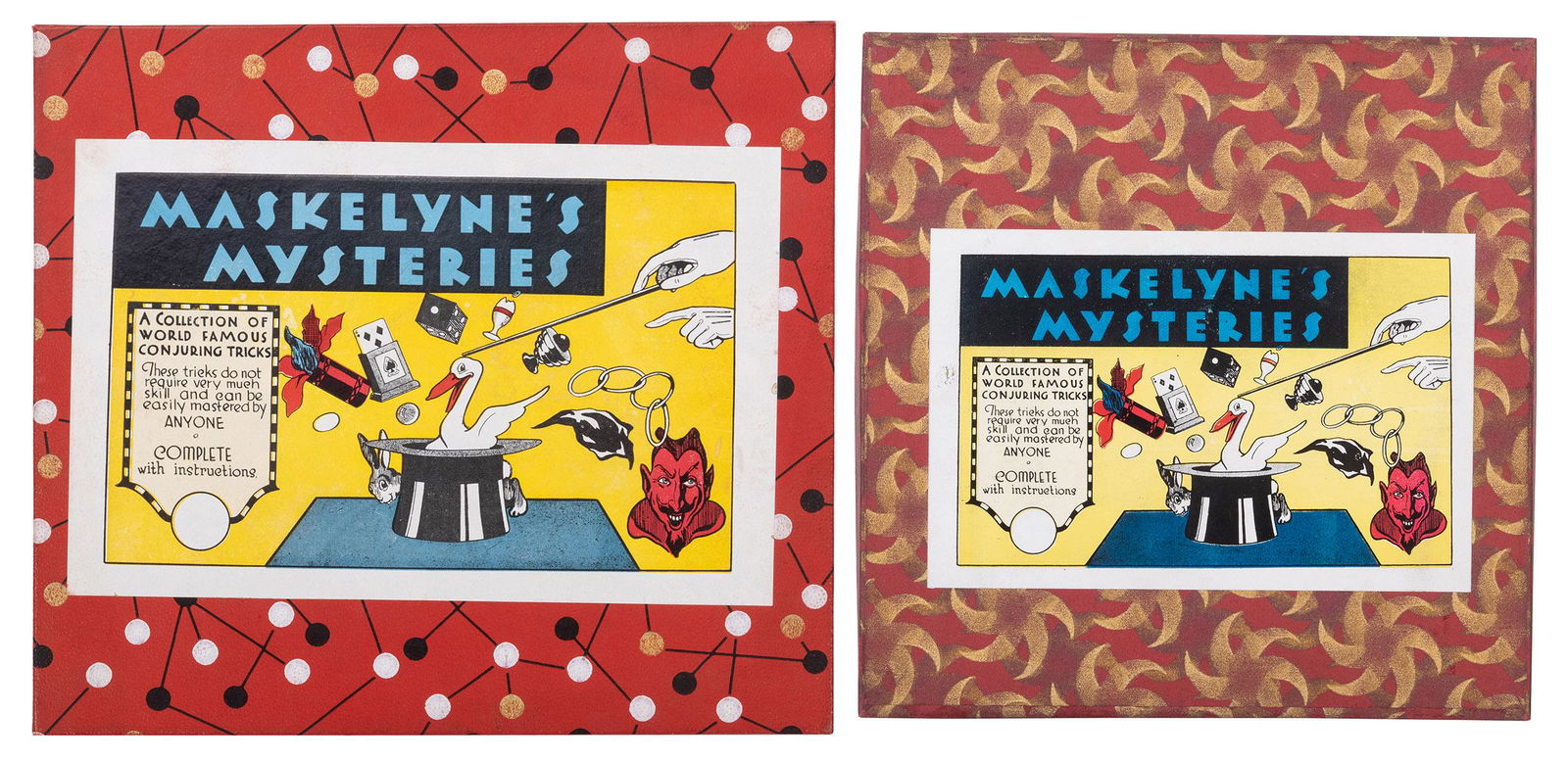 Pair of Maskelyne’s Mysteries Magic Sets. London,: Pair of Maskelyne’s Mysteries Magic Sets. London, 1957/n.d. Magic sets in the original decorative boxes with paper labels, containing assorted tricks. Appear nearly complete, and well-kept with