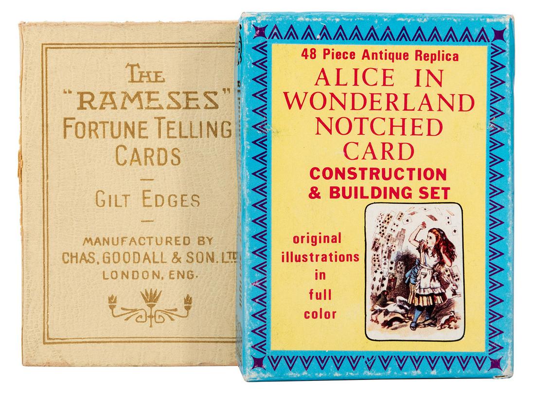 “Rameses” Fortune-Telling / Alice in: “Rameses” Fortune-Telling / Alice in Wonderland Playing Cards. Two decks of cards, including Chas. Goodall Rameses Fortune-Telling (52 + Subject Card + OB), gilt edges; and Merrimack Publi