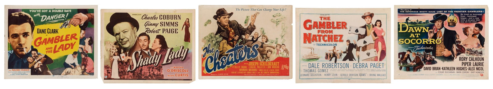 Five Gambling-Themed Movie Posters. 1940s/50s.: Five Gambling-Themed Movie Posters. 1940s/50s. Half-sheets (22 x 28”). Including Shady Lady (1945); Cheaters (1945); Gambler from Natchez (1954); Dawn at Socorro (1954); and Gambler and The Lady