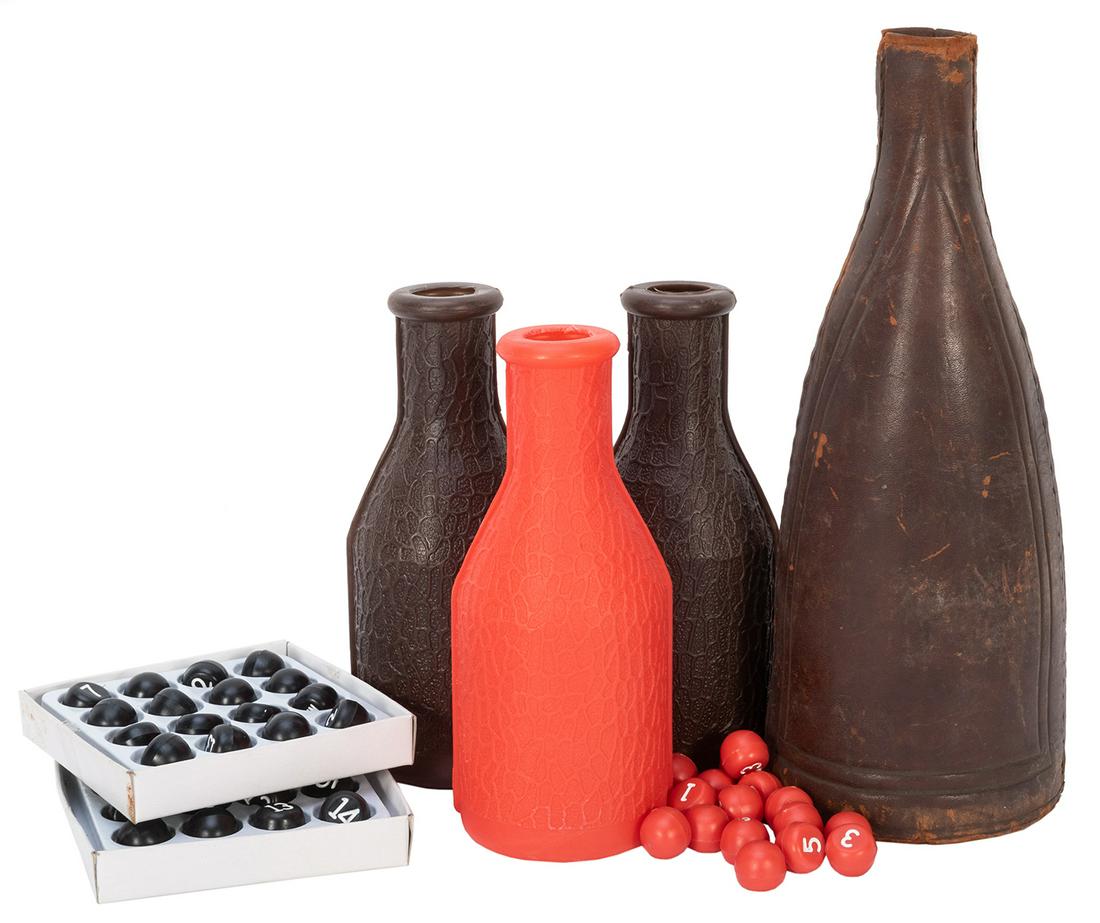 Four Kelly Pool “Pea” Bottles & 4 Sets of: Four Kelly Pool “Pea” Bottles & 4 Sets of “Peas”. Makers unknown, ca. 1890/modern. 3 of the bottles are plastic and one is an early leather bottle. Four complete sets of “