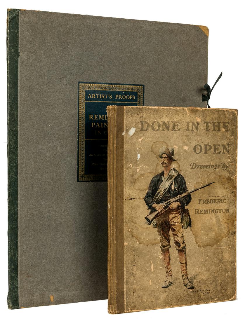 Remington, Frederic. Small Group of Remington Prints,: Remington, Frederic. Small Group of Remington Prints, [included with “Done in the Open”]. New York, P.F. Collier ca. 1910. Two portfolios, with a total of nine of twelve color plates loose