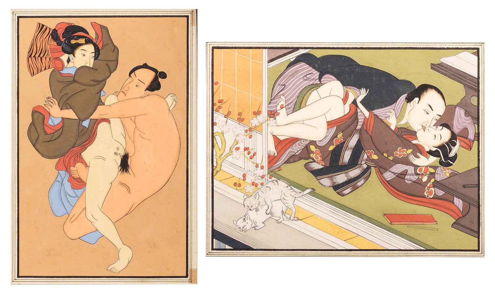 (Erotica) After Kitagawa Utamaro. Pair of Japanese: (Erotica) After Kitagawa Utamaro. Pair of Japanese Erotic Shunga Illustrations. Circa 1900. Unsigned and undated pen and gouache paintings on rice paper. Matted, image sizes approx. 6 x 8”. Both