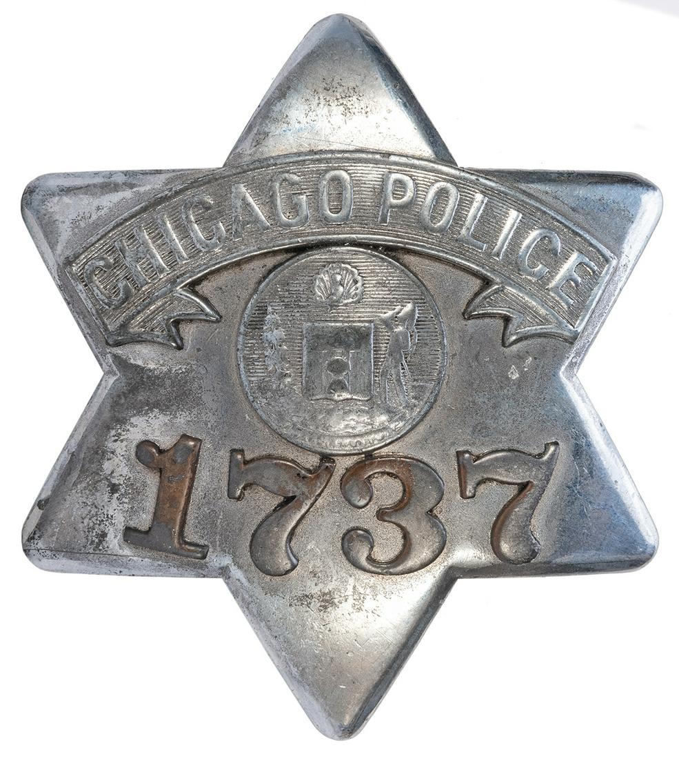 Obsolete Chicago “Pie Plate” Police Badge: Obsolete Chicago “Pie Plate” Police Badge #1737. Early 20th century metal badge by C.H. Hanson (marked on verso), number 1737, six-point star. 3 ½ x 3”. Pin and mount removed.