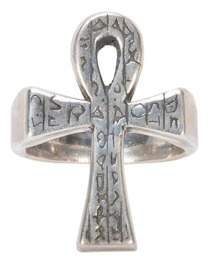 Sterling Silver Ankh Ring. Depicting the ancient: Sterling Silver Ankh Ring. Depicting the ancient Egyptian symbol with additional glyphs engraved within. Length 1”.