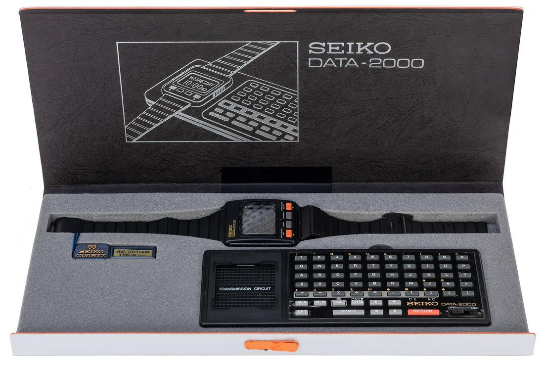 Seiko Data-2000 Watch Computer in Original Box. Japan,: Seiko Data-2000 Watch Computer in Original Box. Japan, ca. 1983/84. Early smart-watch, complete with inner and outer box, manual, watch, and keyboard. As-new.