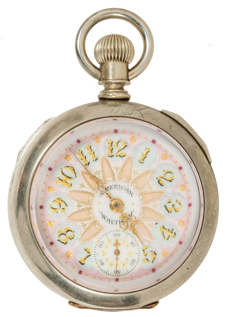 American Waltham Rare Pocket Watch. Waltham, MA, ca.: American Waltham Rare Pocket Watch. Waltham, MA, ca. 1880s. A rare Silveroid Case keyless lever pocket watch with ornately enameled and gilt dial. Movement No. 6789686, Case no. 32’42175. Winds,
