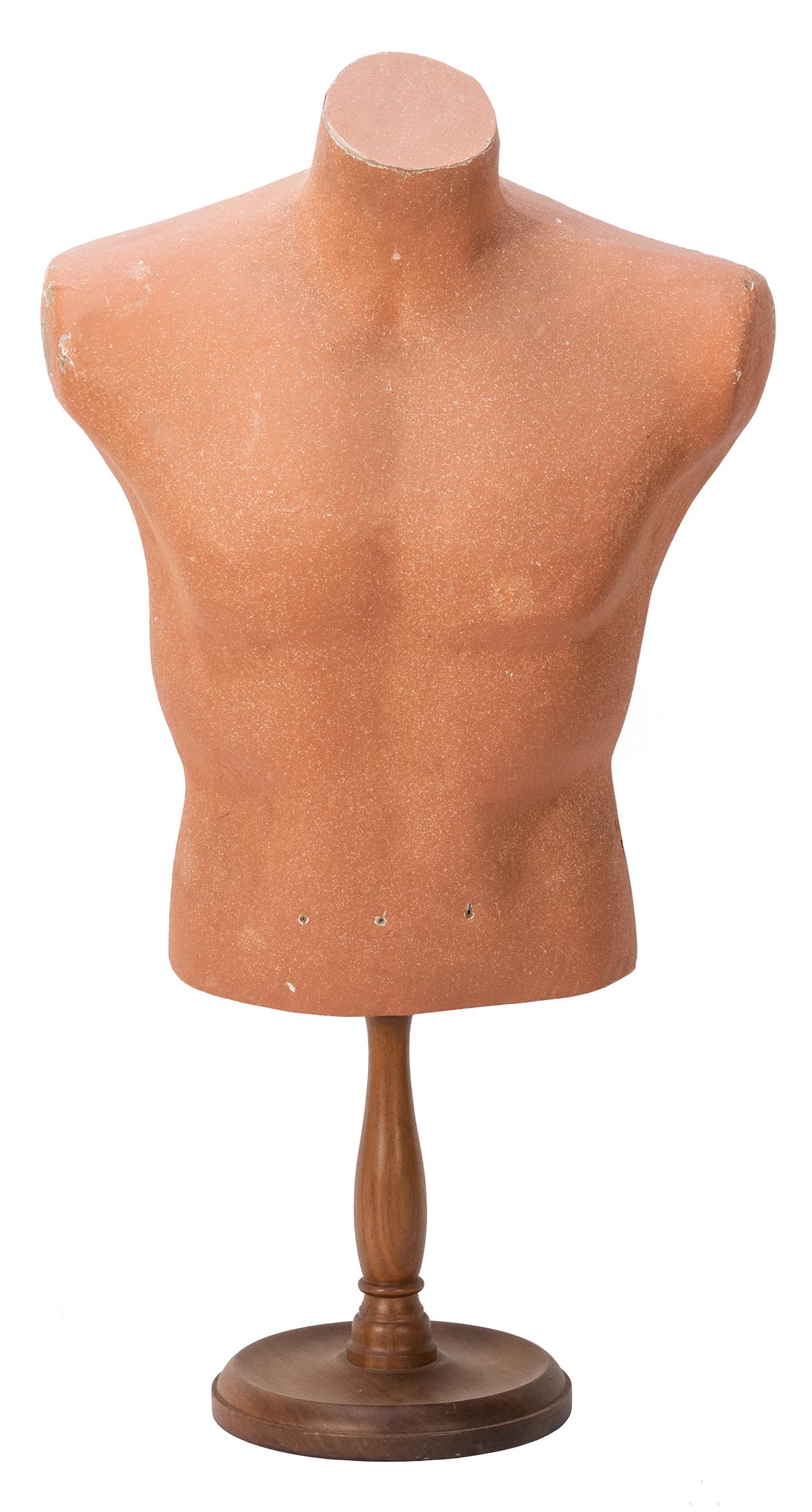 Vintage Dress Mannequin Torso. Papier-mache torso bust: Vintage Dress Mannequin Torso. Papier-mache torso bust affixed to a turned wooden base. Height 34”. Few scuffs; else very good.