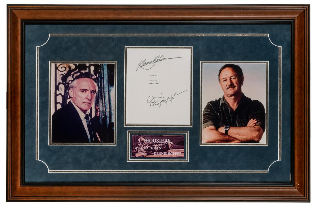 Hoosiers Screenplay Cover Signed. Cover signed by Gene: Hoosiers Screenplay Cover Signed. Cover signed by Gene Hackman and Dennis Hopper. Framed 24 x 36”.
