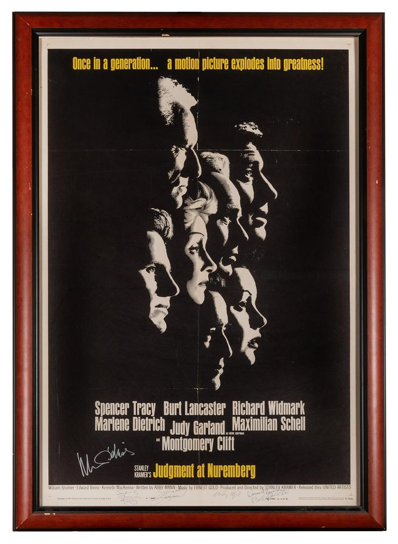 Judgment at Nuremberg Cast Signed Movie Poster.: Judgment at Nuremberg Cast Signed Movie Poster. Inscribed and signed by Burt Lancaster, other cast signed. Framed 45 x 31”.