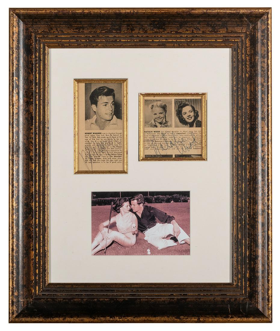 Natalie Wood and Robert Wagner Signed Newspaper: Natalie Wood and Robert Wagner Signed Newspaper Clippings. Mounted with a colorful photo of the couple. Includes COA.