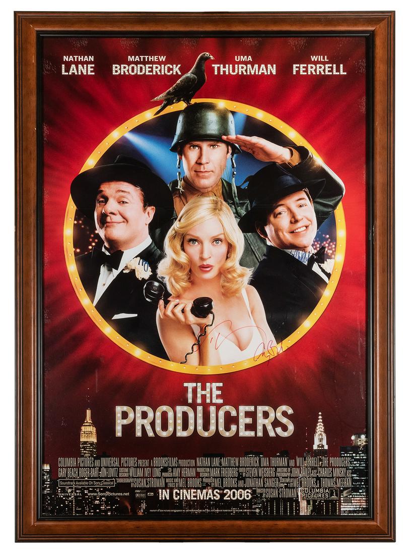 The Producers Cast Signed Movie Poster. 2006. Signed by: The Producers Cast Signed Movie Poster. 2006. Signed by Will Ferrell, Uma Thurman, Matthew Broderick, and Nathan Lane. Framed 44 x 31”.