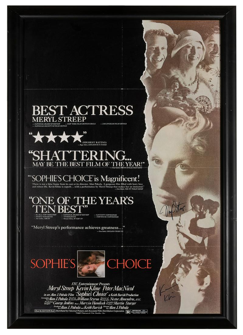 Sophie’s Choice Cast Signed Movie Poster. Signed: Sophie’s Choice Cast Signed Movie Poster. Signed by Meryl Streep, Kevin Kline, and others. Framed 43 x 29”.