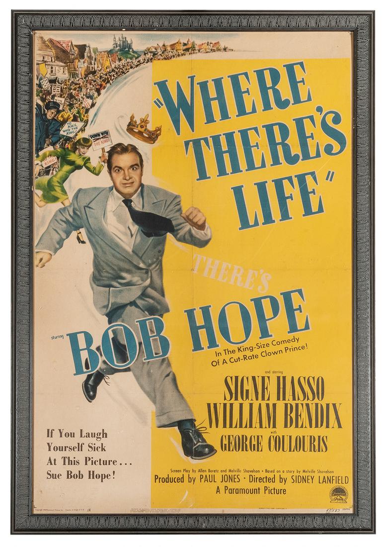“Where There’s Life” Movie Poster.: “Where There’s Life” Movie Poster. 1947. Starring Bob Hope. Framed 43 x 29”.