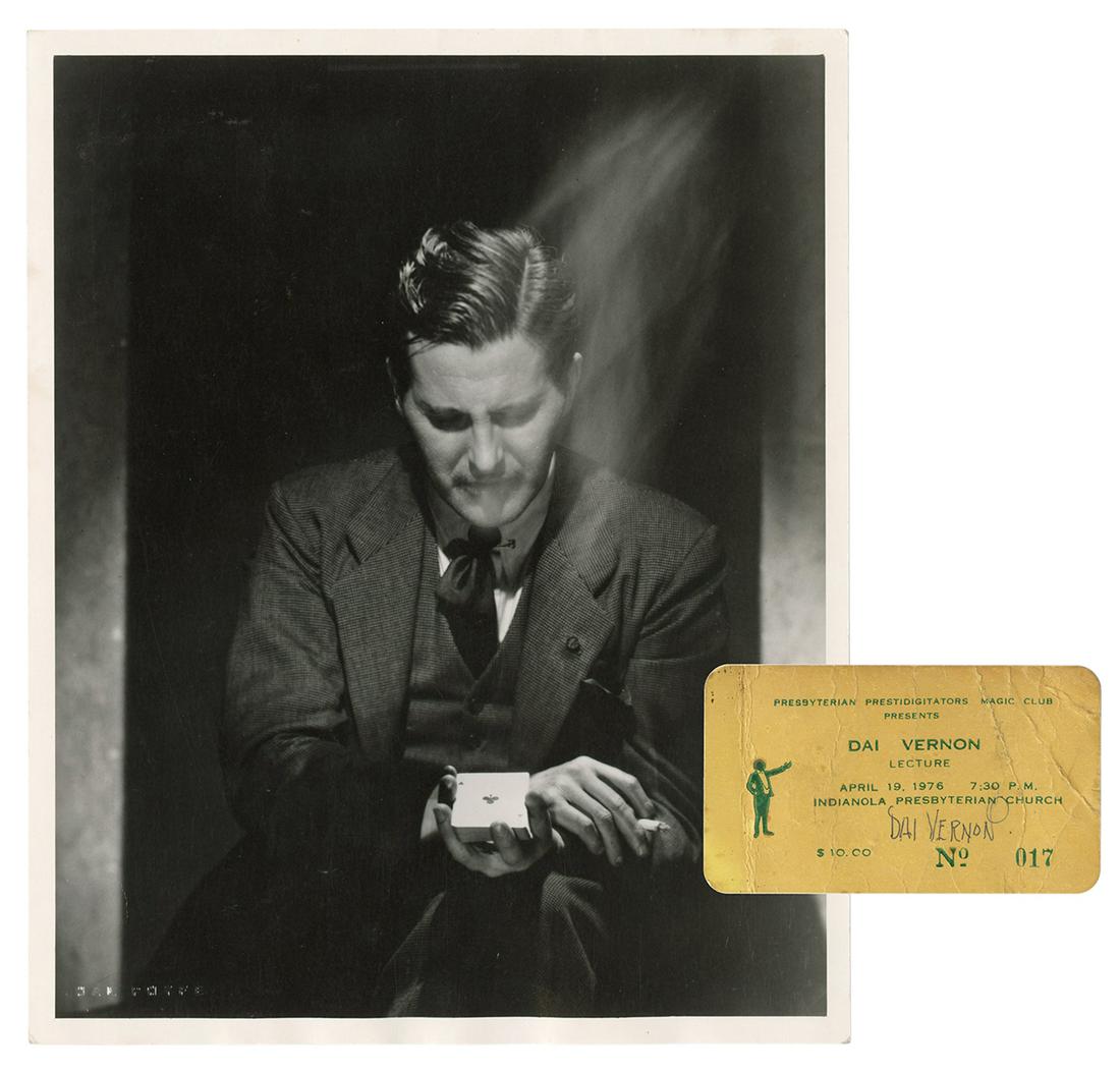 Vernon, Dai. Six of Dai Vernon’s Personal ID and: Vernon, Dai. Six of Dai Vernon’s Personal ID and Membership Cards. Including a Presbyterian Prestidigitator Magic Club Dai Vernon lecture ticket signed by Vernon (1976), creased; and Vernon̵