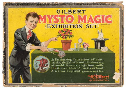 Mysto Magic Set No. 2003. New Haven: A.C. Gilbert Co.,: Mysto Magic Set No. 2003. New Haven: A.C. Gilbert Co., ca. 1930. Vintage magic set includes metal and wooden props, including Grandmother’s Necklace, Billiard Balls, coins, and more. Two trays o