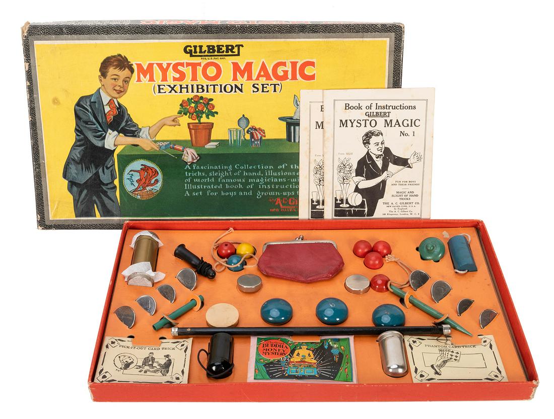 Mysto Magic Set No. 2005. New Haven: A.C. Gilbert Co.,: Mysto Magic Set No. 2005. New Haven: A.C. Gilbert Co., ca. 1930. Large set includes wand, Pull Vanisher, Billiard Balls, Buddha Papers, De Land card tricks, coin purse, and other tricks. Original inst