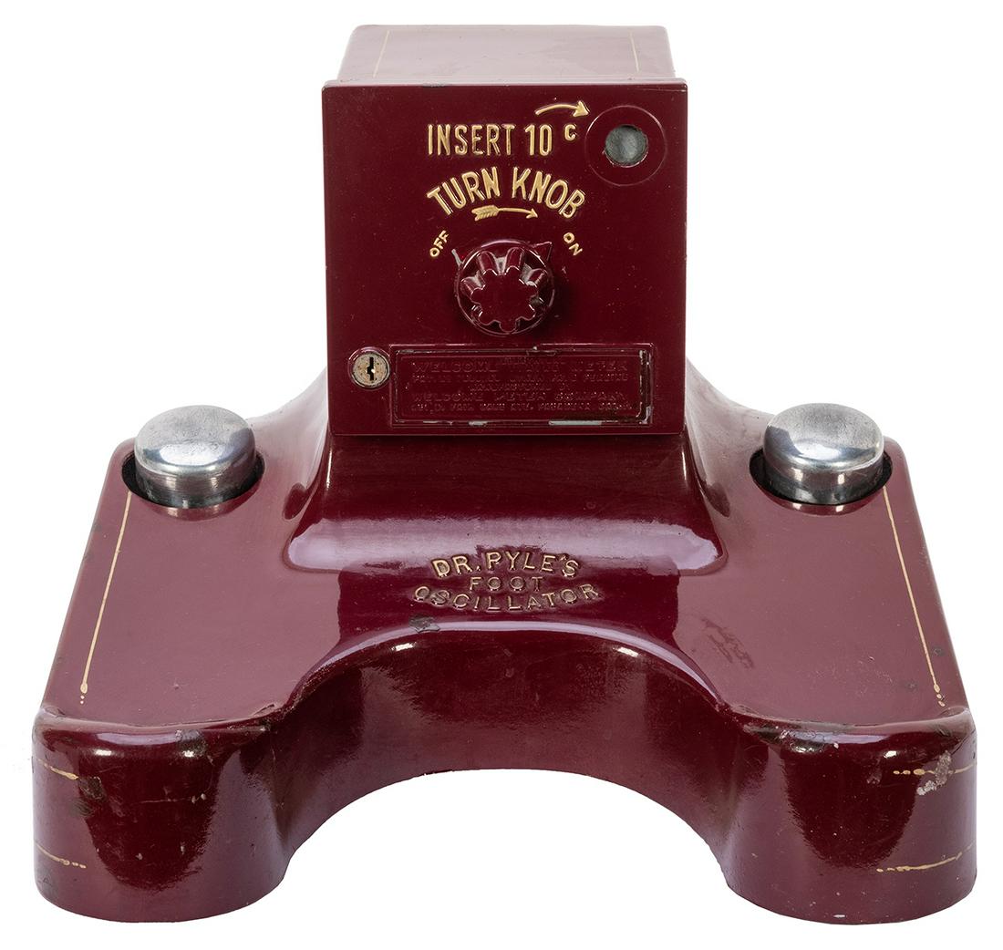 Dr. Pyle’s 10 Cent Foot Oscillator. California:: Dr. Pyle’s 10 Cent Foot Oscillator. California: Welcome Meter Company, ca. 1940s. Insert 10 cents, turn knob either off or on to massage feet. Original burgundy paint with gold pinstriping. 13 &