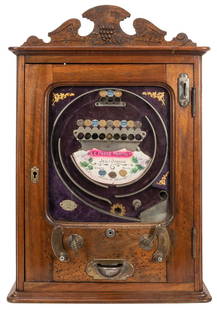 French Countertop Coin-Operated Skill Game. France, ca.: French Countertop Coin-Operated Skill Game. France, ca. 1900s. Walnut cabinet with brass and nickel-plated fixtures, velvet-covered game area with foil and paper ornaments and labels. The player