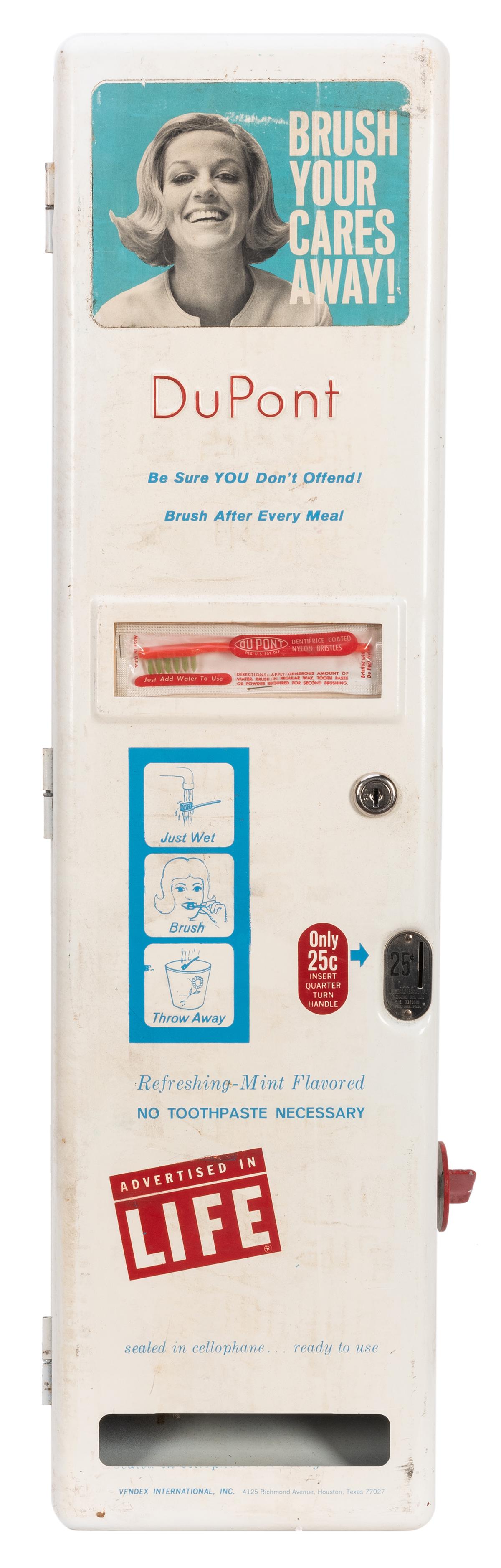 Vendex 25 Cent DuPont Toothbrush Vendor. Model No.: Vendex 25 Cent DuPont Toothbrush Vendor. Model No. TB31. Wall-mount toothbrush vendor, sheet metal case with embossed and applied lettering. 31 x 8 x 4 ½”. No key.