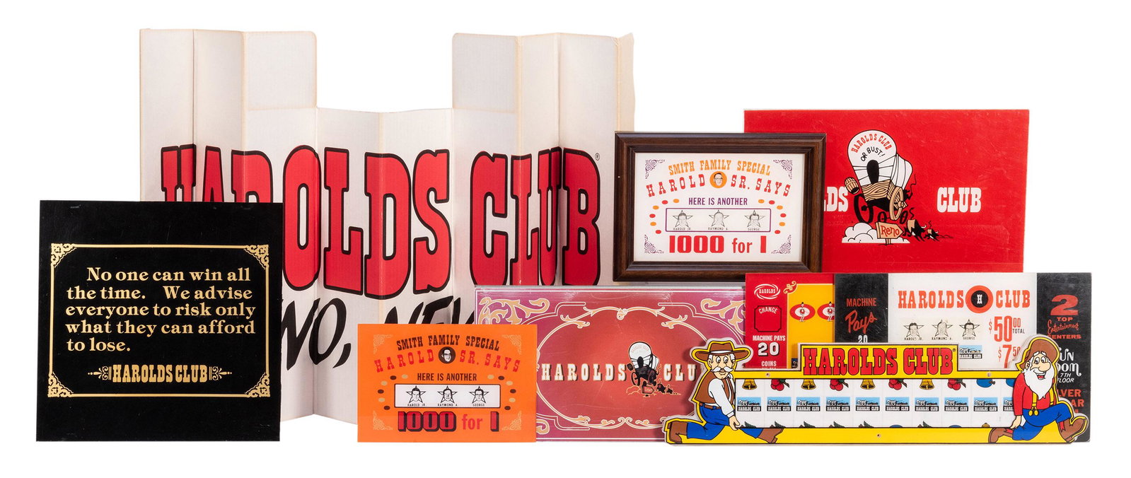 Harold’s Club Casino Sign Collection. Group of 15: Harold’s Club Casino Sign Collection. Group of 15 original Harold’s Club acrylic slot machine signs and other signage, including an acrylic sign warning patrons to gamble “only what 