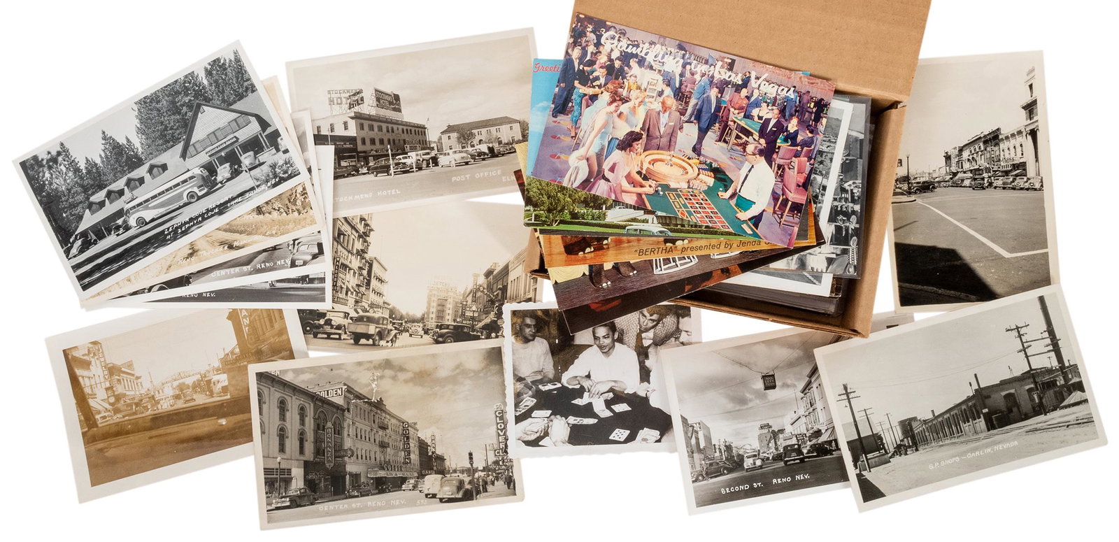 Lot of Nevada / Casino Postcards and Snapshots.: Lot of Nevada / Casino Postcards and Snapshots. 1920s-1980s. Over 50 postcards and snapshots, with an emphasis on Reno and Las Vegas casinos and gambling halls, as well as other locations in Nevada, s
