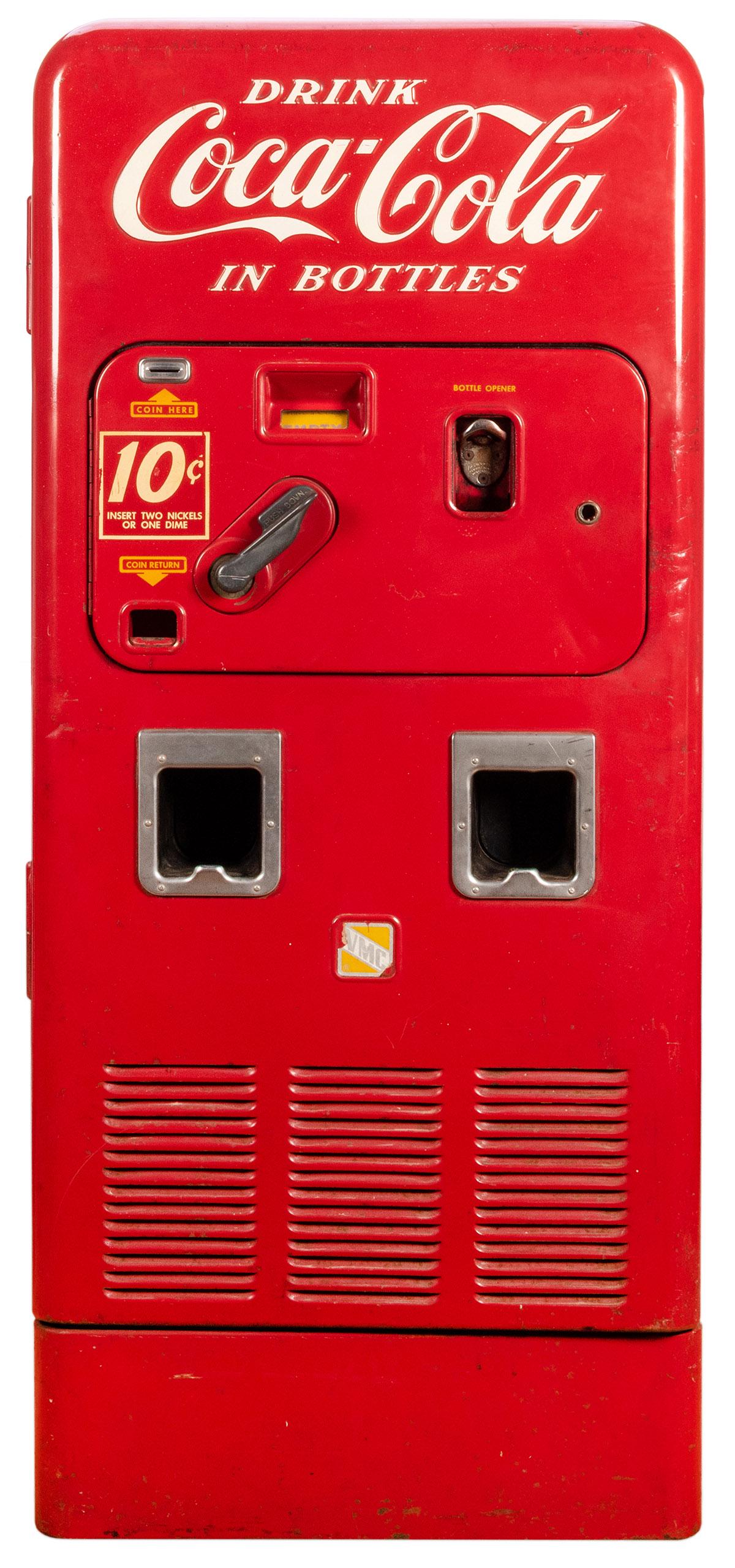 Vendo 72 Vintage Coca-Cola Vending Machine. Attractive: Vendo 72 Vintage Coca-Cola Vending Machine. Attractive 10-cent machine vends coke bottles or cans. Unrestored original red paint with classic Coke logo at top. Height 58 ½”. No keys.