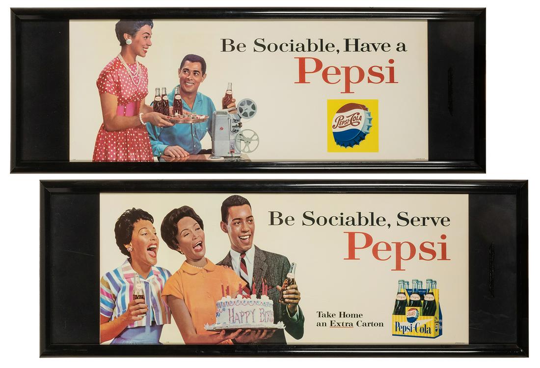 Two “Be Sociable Have a Pepsi” Signs.: Two “Be Sociable Have a Pepsi” Signs. 1960s. Cardboard signs depict African American families, one with a birthday cake, the other with a movie projector. 11 x 28” each.