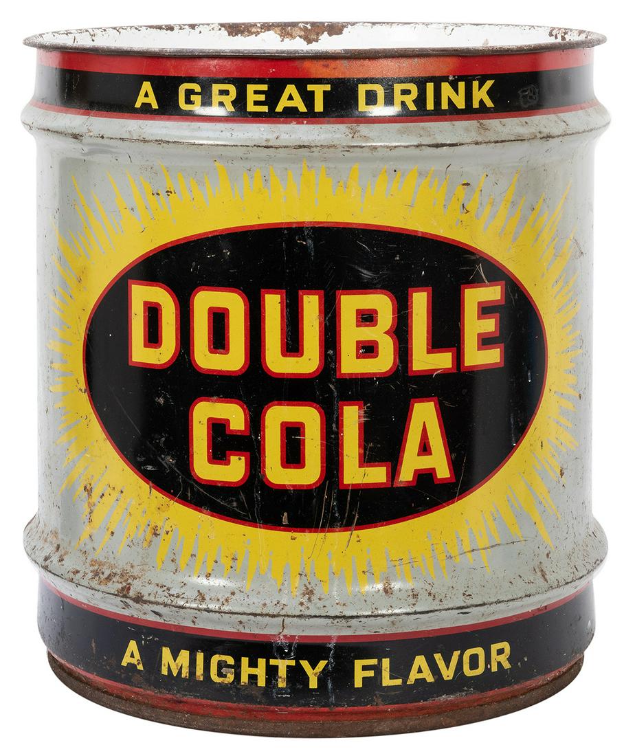 Double Cola Metal Barrel Drum. A ten-gallon drum that: Double Cola Metal Barrel Drum. A ten-gallon drum that once held Double Cola syrup. Height 16”, diameter 14 ½”. Surface scratches and wear.