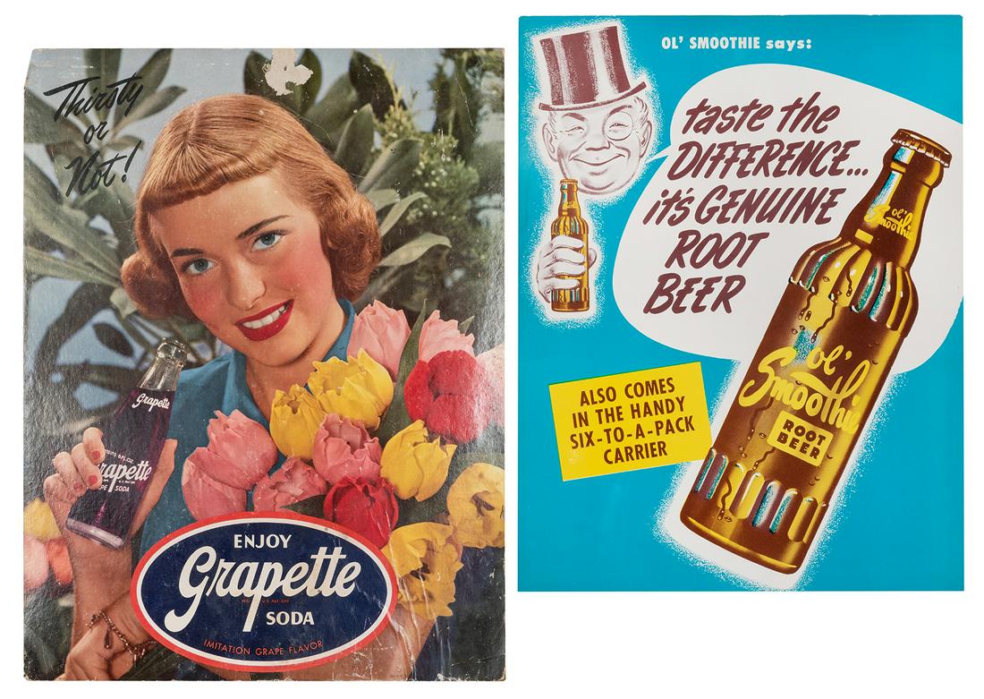 Pair of Soda Advertising Window Cards. Includes: Pair of Soda Advertising Window Cards. Includes Ol’ Smoothie Root Beer (with cardboard stand) and Grapette Soda (dampstained to lower image). Size of larger 26 x 20”.