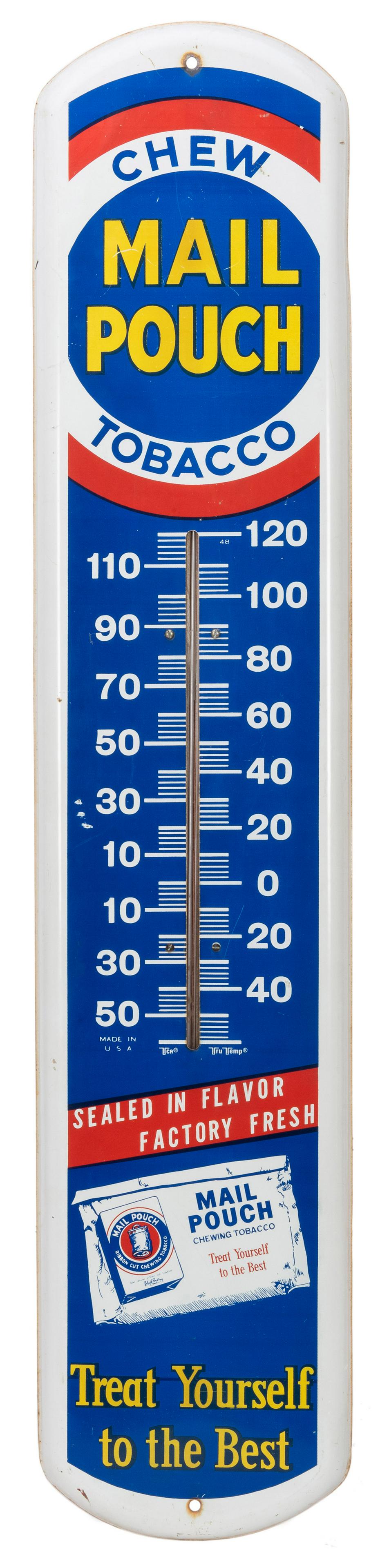 Mail Pouch Tobacco Thermometer. Three-color graphics: Mail Pouch Tobacco Thermometer. Three-color graphics and text to front. Red on reverse. Height 38”. Minor wear to finish.
