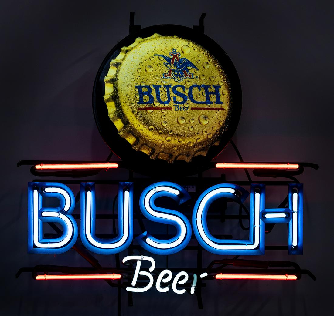 Busch Beer Neon Sign. Full-color Busch bottle cap above (1 of 2)