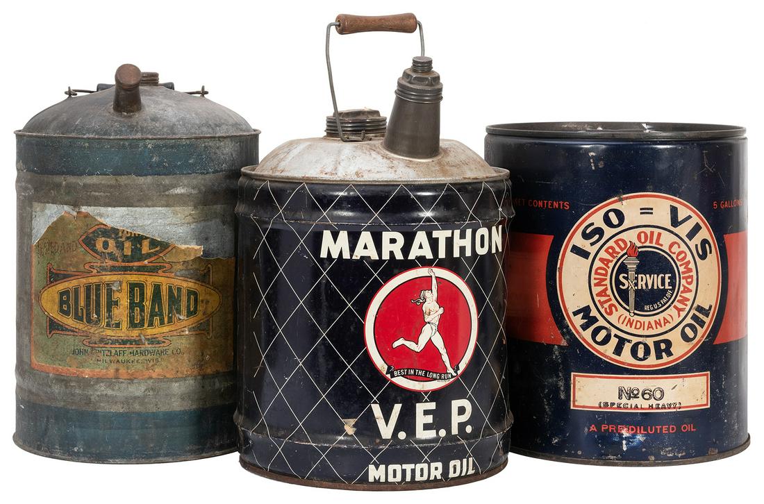 Three Five Gallon Vintage Oil Cans. Including one Blue (1 of 1)