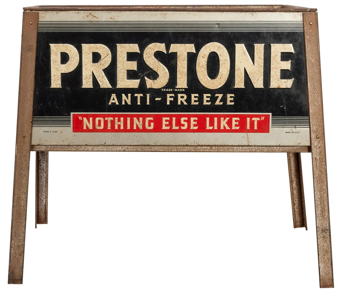 Prestone Anti Freeze Rack. Embossed metal front panel: Prestone Anti Freeze Rack. Embossed metal front panel with Prestone logo in white, blue, and red. 22 x 20 x 7 ½”. Rust and wear; good overall.