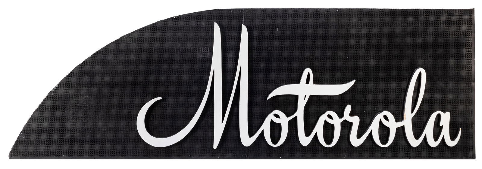 Motorola Television Hour Backdrop Sign. 1950s. Wood and: Motorola Television Hour Backdrop Sign. 1950s. Wood and plastic sign with raised silver lettering. 19 x 60”. Purchased from the Chicago Broadcast Museum; most probably, the sign was used for the