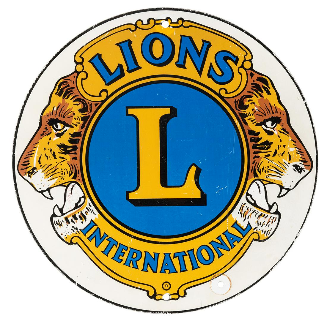 Lions Club Tin Advertising Sign. Round single-sided: Lions Club Tin Advertising Sign. Round single-sided metal sign with iconic Lions Club logo. Diameter 18”.