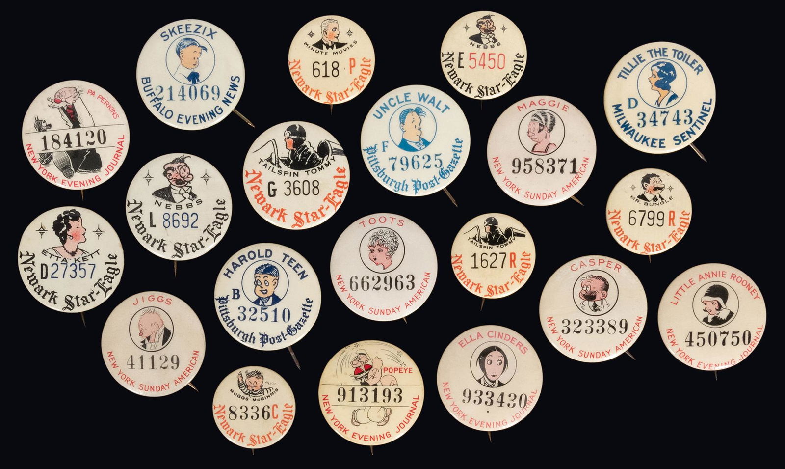 Comic Strip Character Newspaper Premium Pinbacks. Group (1 of 1)