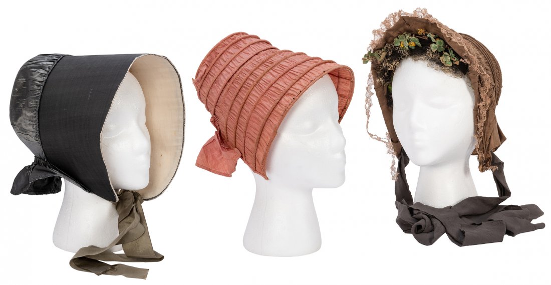 Three Early Bonnets. 19th century. Includes a grey silk (1 of 1)