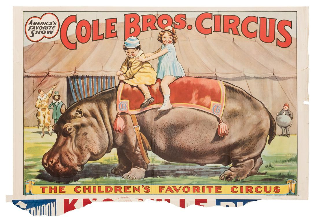 Cole Bros. Circus. The Children’s Favorite Circus. Erie: Cole Bros. Circus. The Children’s Favorite Circus. Erie Litho, ca. 1940s. Offset color lithograph poster depicts children riding a hippopotamus outside a circus tent attended by clowns. 26 x 39 