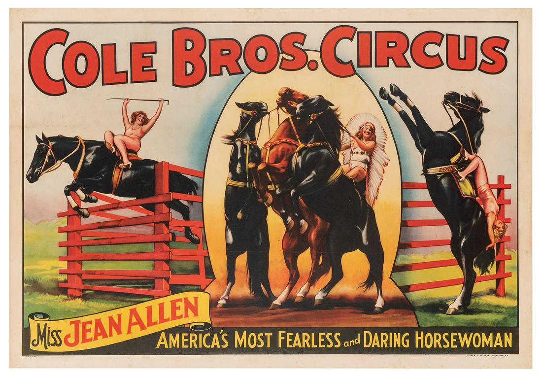 Cole Bros. Circus. Miss Jean Allen. Erie Litho, 1930s.: Cole Bros. Circus. Miss Jean Allen. Erie Litho, 1930s. Offset lithograph of the equestrian. 28 x 41”. Linen backed. Old folds; minor marginal repairs, some over-painting at edges of image, scatt