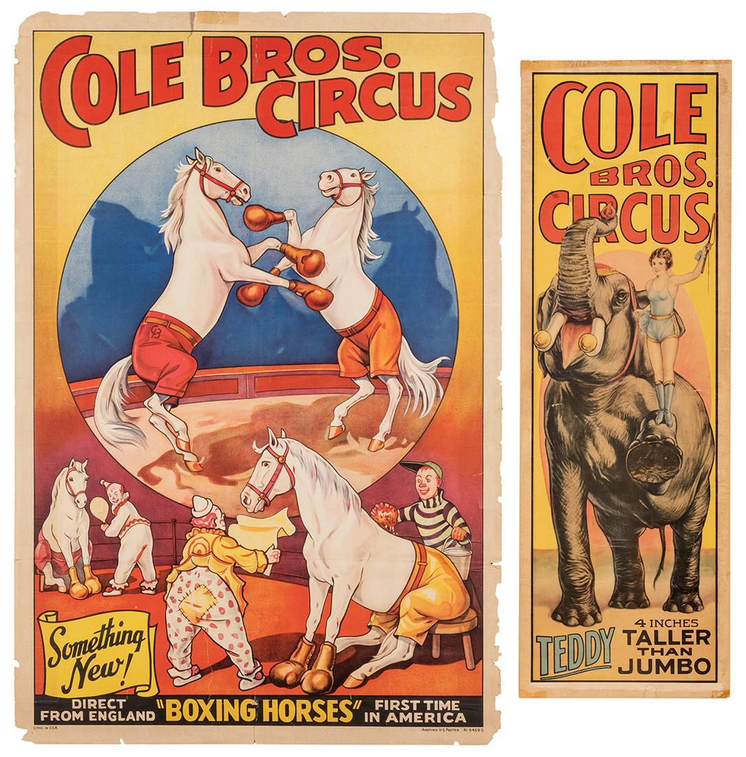 Cole Bros. Circus. Two Posters. Erie Litho, 1940s.: Cole Bros. Circus. Two Posters. Erie Litho, 1940s. Including Boxing Horses (one-sheet, approx. 42 x 28”); and Teddy/Taller than Jumbo (streamer, approx. 41 x 14”). Unmounted. Worn with los