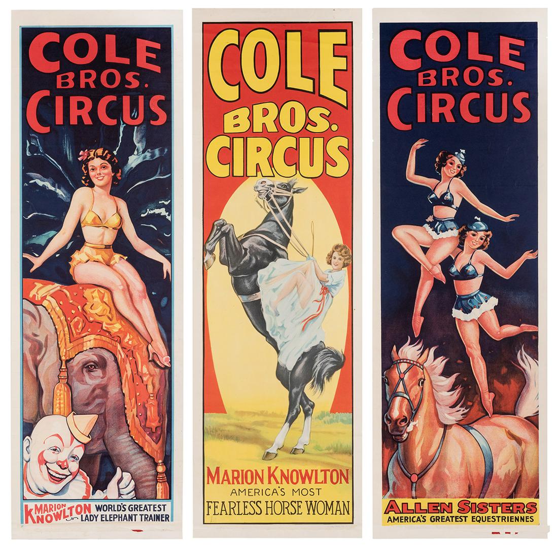 Cole Bros. Trio of Panel Posters. 1940s. Including (2): Cole Bros. Trio of Panel Posters. 1940s. Including (2) Marion Knowlton; and The Allen Sisters. 41 ¼ x 13”. Unmounted. Old hinging tape in top margin of one poster, remnants of date-tails. B