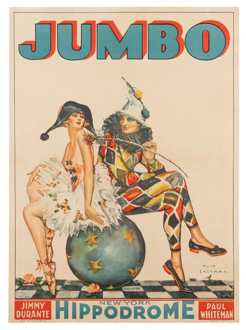 Eastman, Ruth. Jumbo. New York Hippodrome. Brooklyn:: Eastman, Ruth. Jumbo. New York Hippodrome. Brooklyn: Eldredge Co., 1935. Lithograph poster advertising Billy Rose’s musical Jumbo, starring Jimmy Durante, with music by Paul Whiteman. 27 x 19 &#