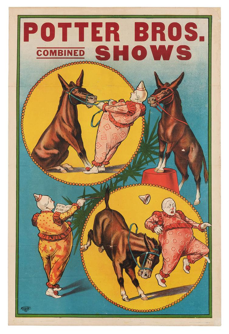 Erie Litho Circus Stock Poster. Potter Bros. Shows.: Erie Litho Circus Stock Poster. Potter Bros. Shows. Erie Litho, ca. 1920s. Color lithograph of a clown and a stubborn mule/donkey. 41 x 27 ½”. Old linen backing. Folds, creases, small loss 