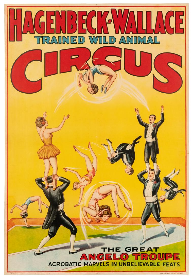 Hagenbeck-Wallace Trained Wild Animal Circus. The Great: Hagenbeck-Wallace Trained Wild Animal Circus. The Great Angelo Troupe. Erie, PA: Erie Litho., 1940s. Offset color one-sheet lithograph picturing “acrobatic marvels in unbelievable feats.” 