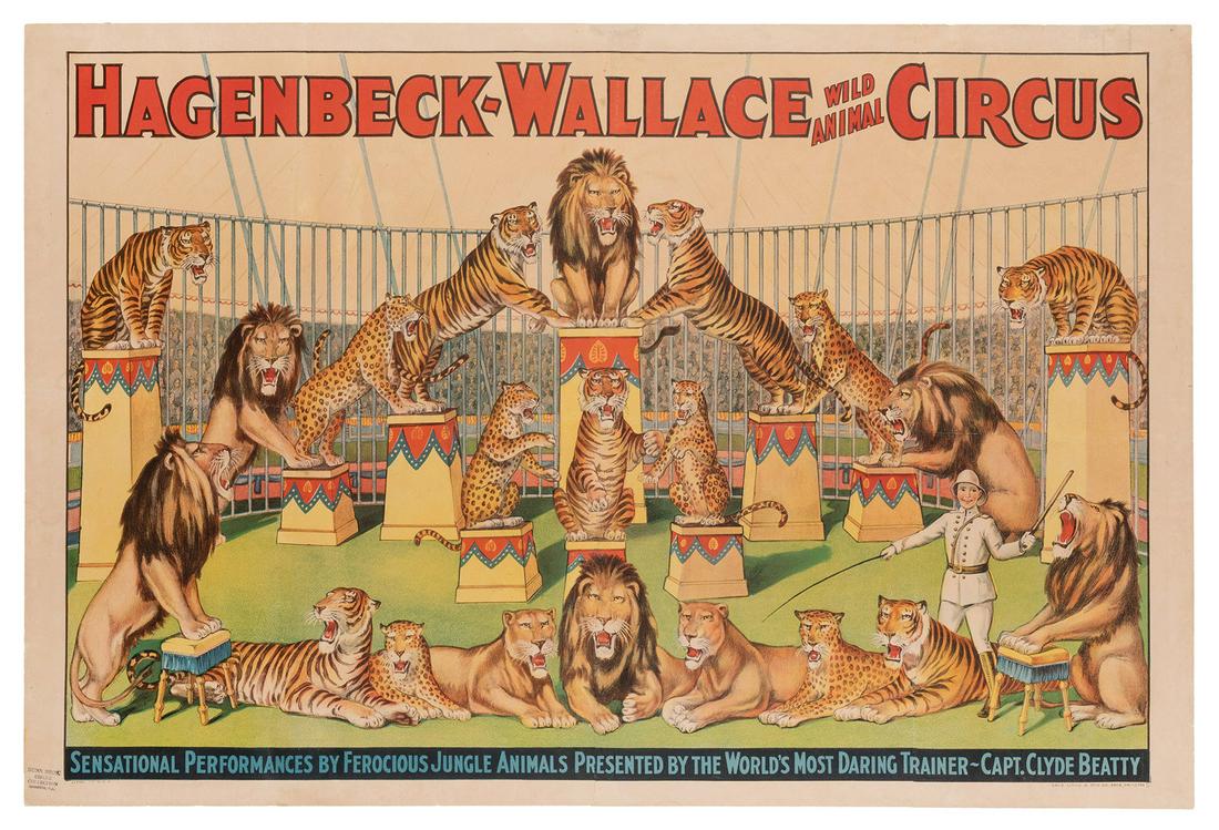 Hagenbeck-Wallace Circus. Capt. Clyde Beatty. Erie: Hagenbeck-Wallace Circus. Capt. Clyde Beatty. Erie Litho, ca. 1920s. Color lithograph circus poster of Beatty with a group of snarling lions and tigers. 28 ¼ x 42”. Linen backed. Old folds;