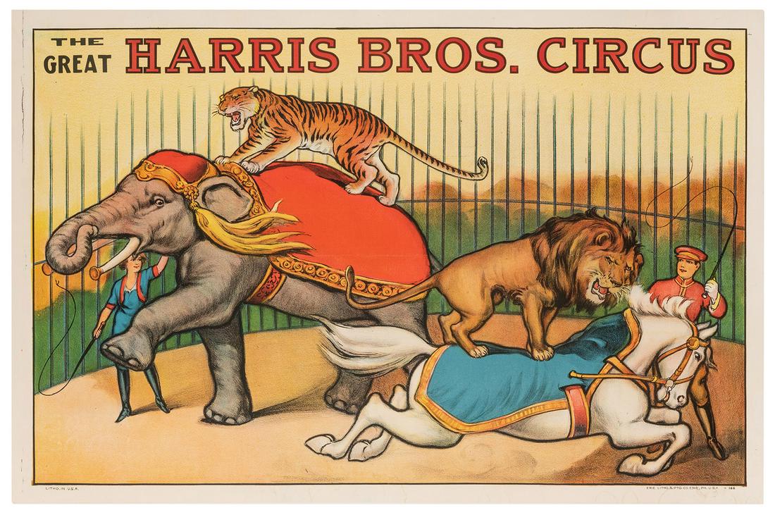 The Great Harris Bros. Circus. Erie Litho, ca. 1940s.: The Great Harris Bros. Circus. Erie Litho, ca. 1940s. Offset lithograph poster of male and female animal trainers in a cage with an elephant, tiger, horse, and lion. 27 x 41”. Damp-soiling in ma