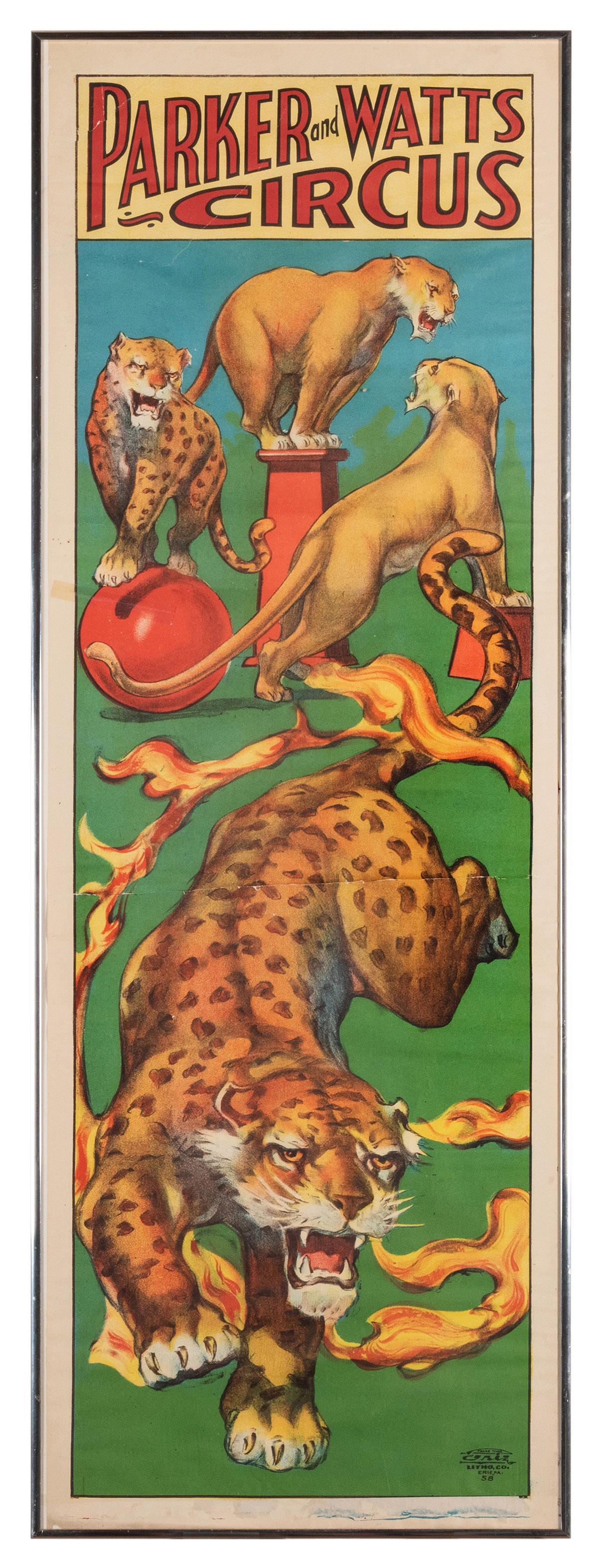 Parker and Watts Circus. Trained Cats. Erie, PA: Erie: Parker and Watts Circus. Trained Cats. Erie, PA: Erie Litho., ca. 1938. Colorful streamer lithograph pictures four trained big cats, the largest jumping through a flaming hoop. Framed to 41 x 14”