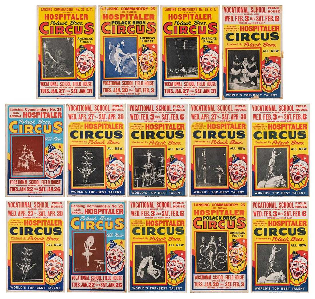 Polack Bros. Circus. Lot of 14 Window Cards. Chicago:: Polack Bros. Circus. Lot of 14 Window Cards. Chicago: Globe Poster, ca. 1950s. Series of window cards (22 x 14”) advertising an appearance in Lansing, MI. Each window card features a halftone ph