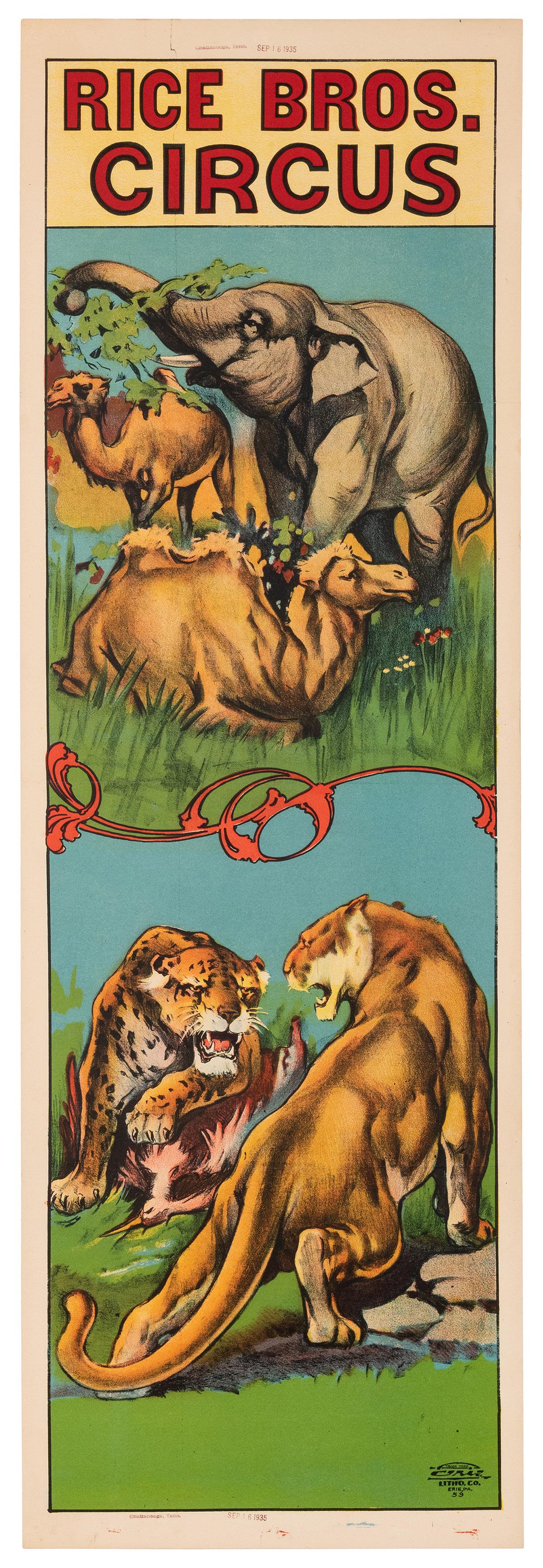 Rice Bros. Circus. [Menagerie]. Erie Litho, ca. 1935.: Rice Bros. Circus. [Menagerie]. Erie Litho, ca. 1935. Color lithograph panel poster. 41 x 13 ½”. Linen backed. Minor over-painting to old folds; dates hand-stamped in margins. Nice, bright 