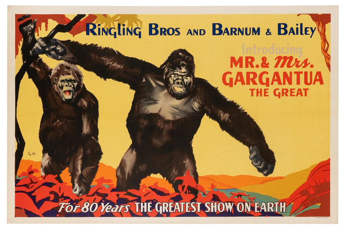 Ringling Bros. and Barnum & Bailey. Mr. & Mrs.: Ringling Bros. and Barnum & Bailey. Mr. & Mrs. Gargantua. Erie Litho, ca. 1930s. Offset lithograph poster featuring the famous gorilla duo. 28 x 42”. Linen backed. Faint old folds; minor margina